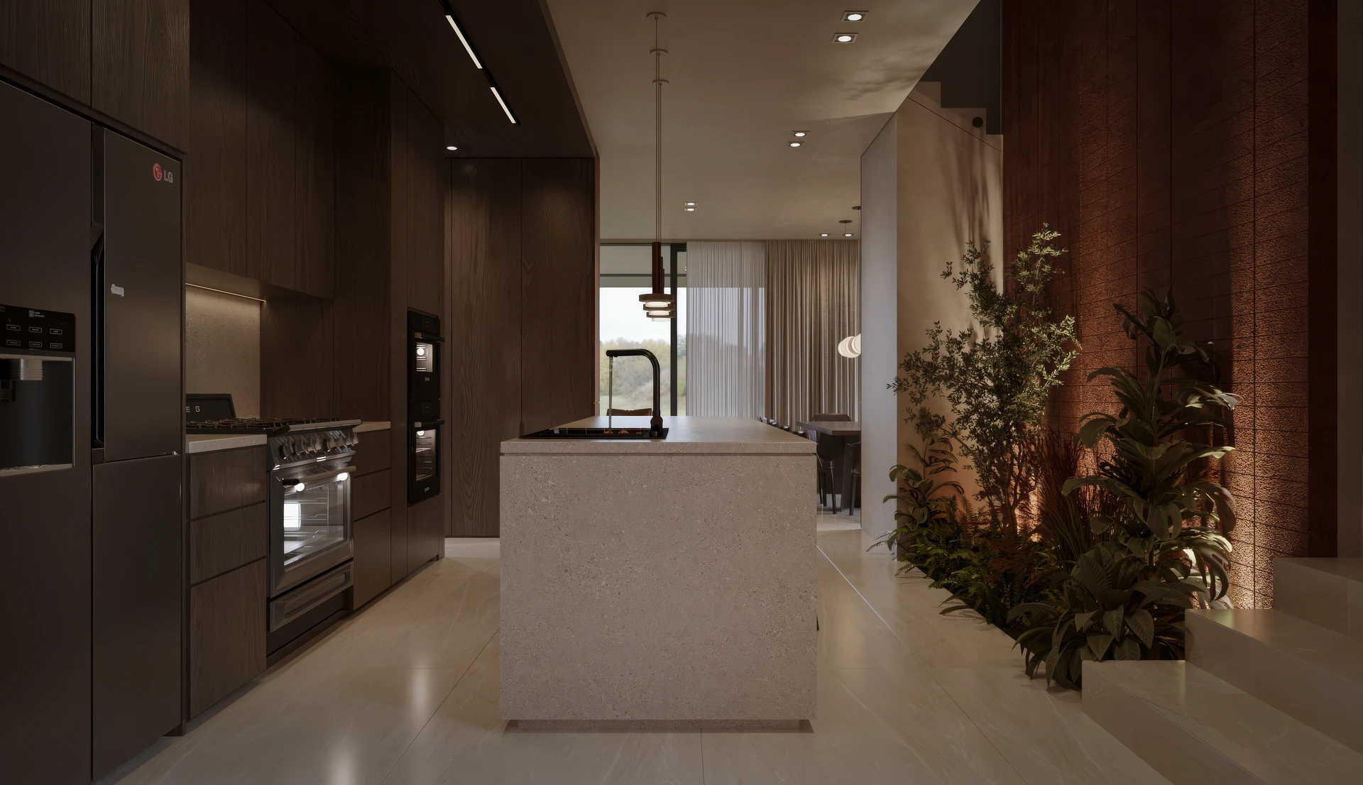 Cocina principal con isla larga de piedra, gabinetes de madera hasta el techo y taburetes altos en la barra