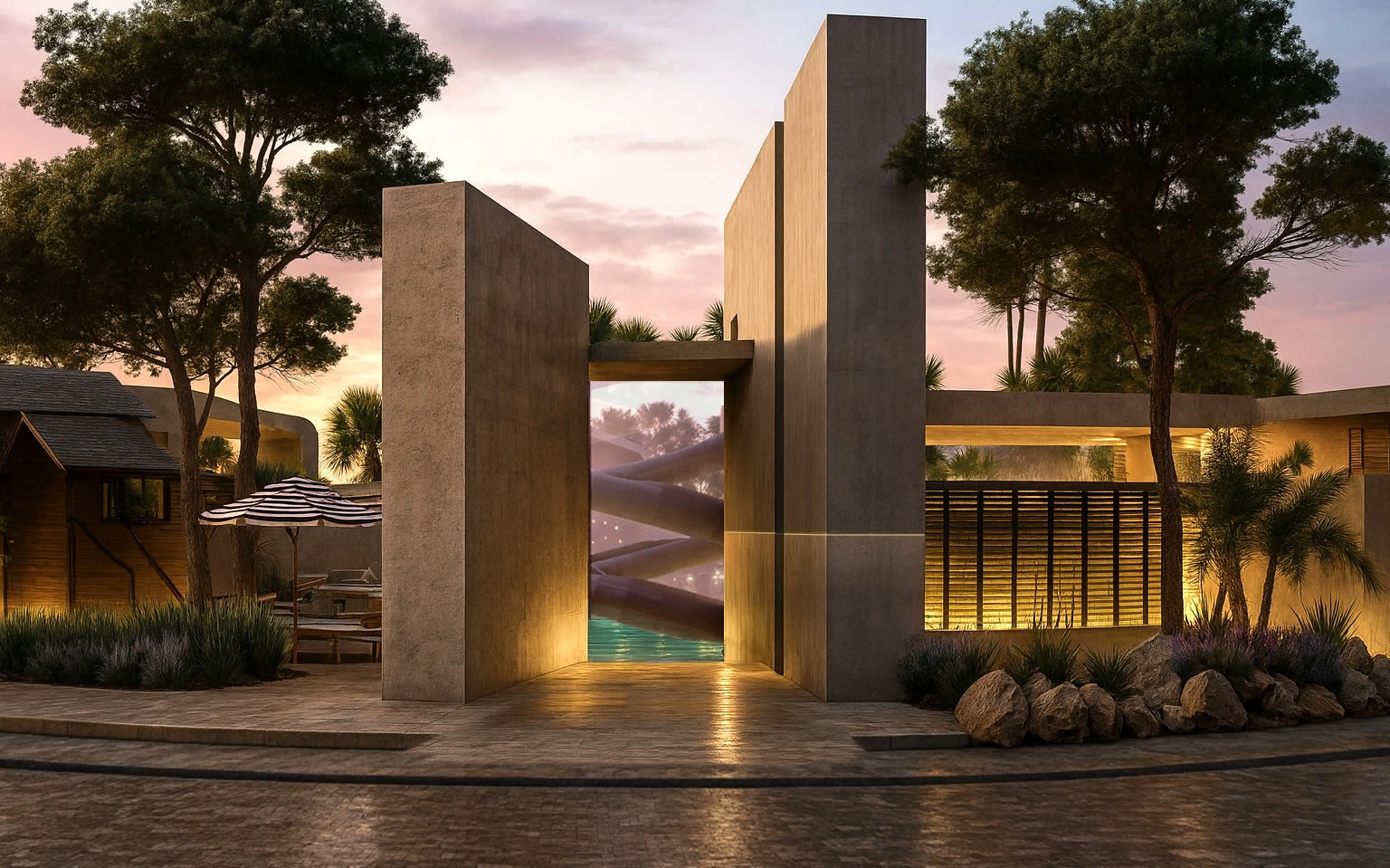 Acceso principal: muro de piedra, portón de madera a doble altura y senda iluminada entre jardinería tropical