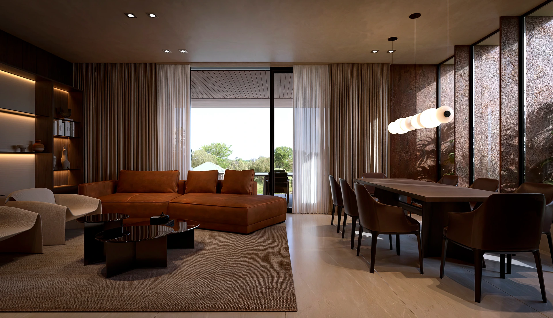 Estancia y comedor en planta abierta de doble altura, con celosía de madera y salida directa a la terraza