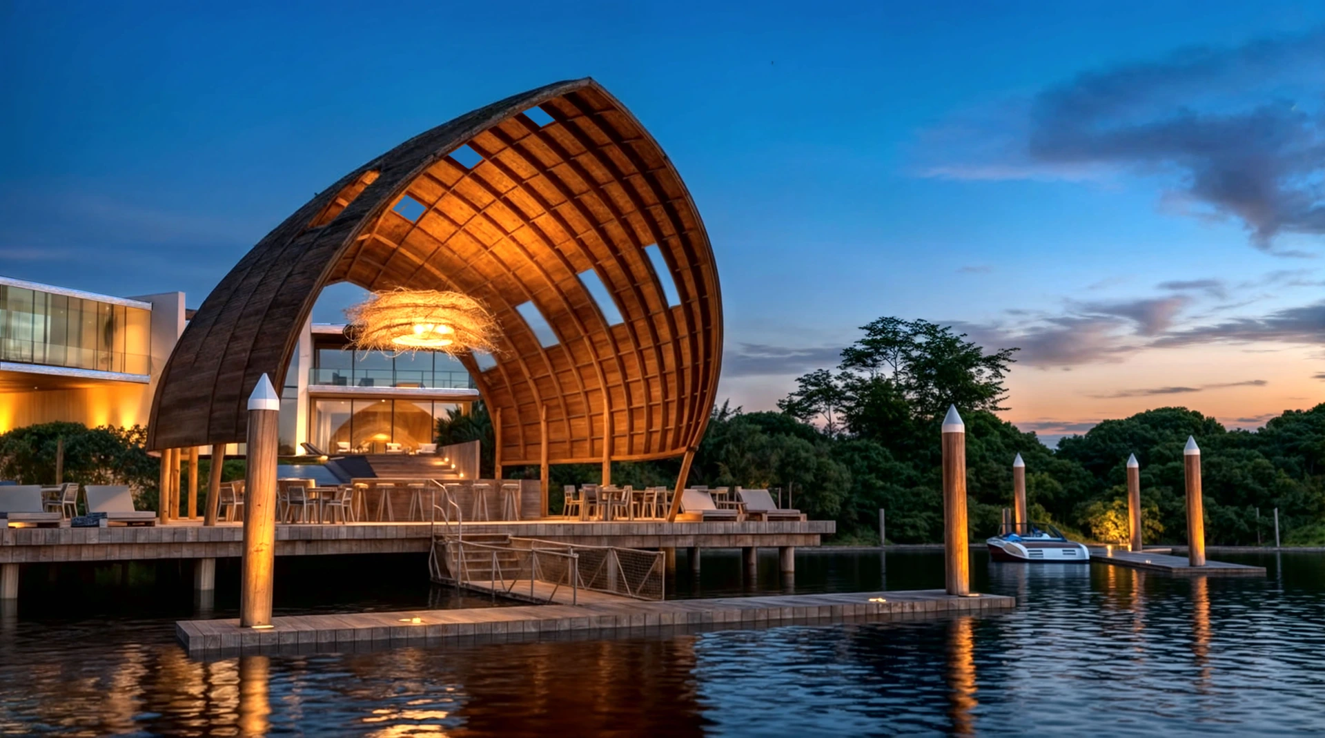 Palapa de madera con forma de casco de barco sobre un muelle, con barra y camastros iluminados al anochecer