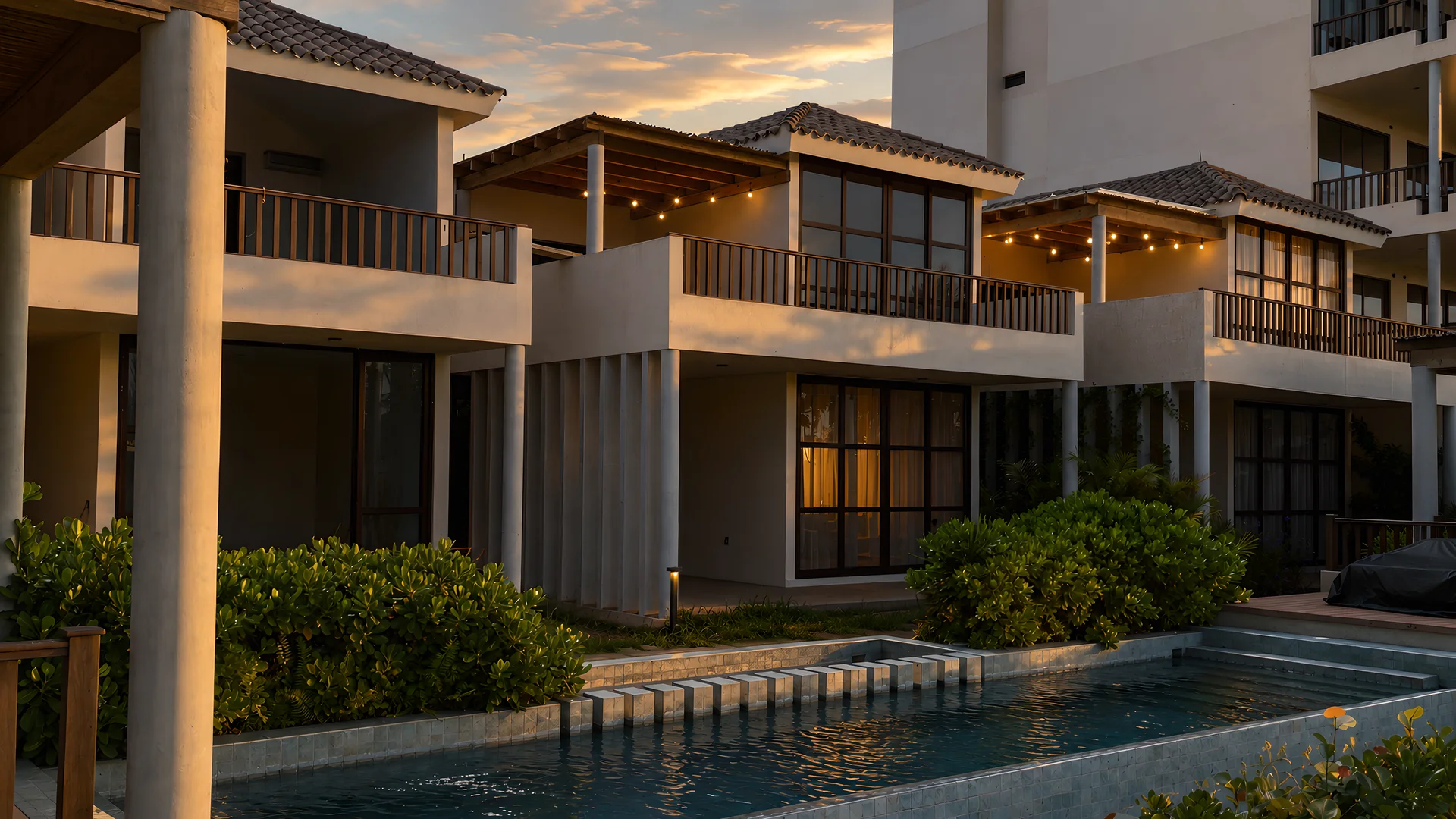 Villas de Mangata con alberca al atardecer y las terrazas encendidas, en Marina Mazatlán