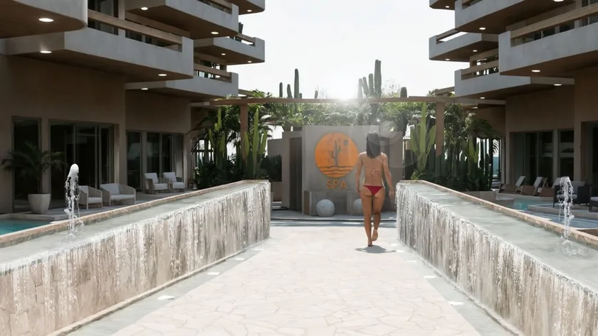 Oasis Ananta — corredor del spa con muros de agua